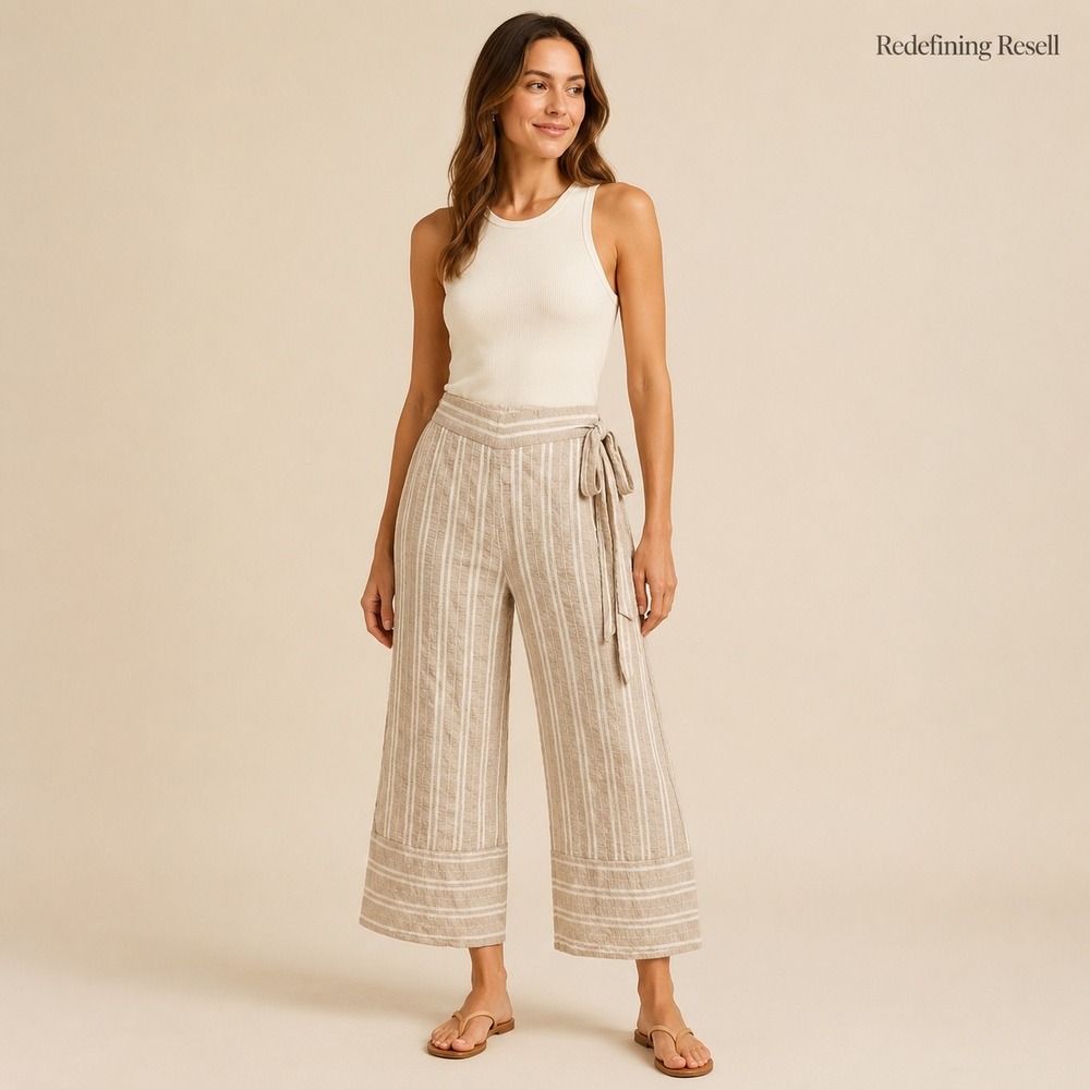 Lost + Wander Tan White Striped Wide Leg Cropped Pants Side Tie Small